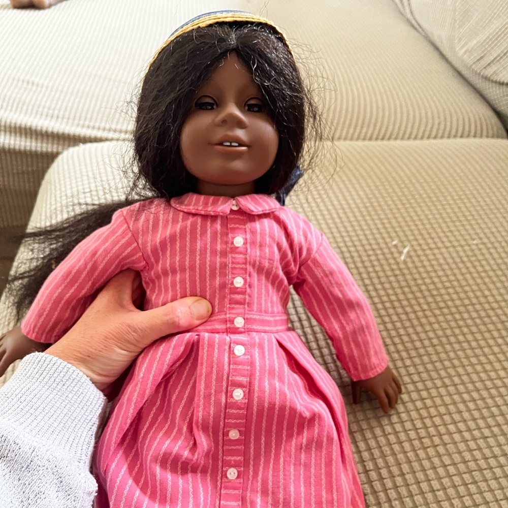 American Girl Doll in Pink Striped Dress with Blue Hat - Picture 3 of 7
